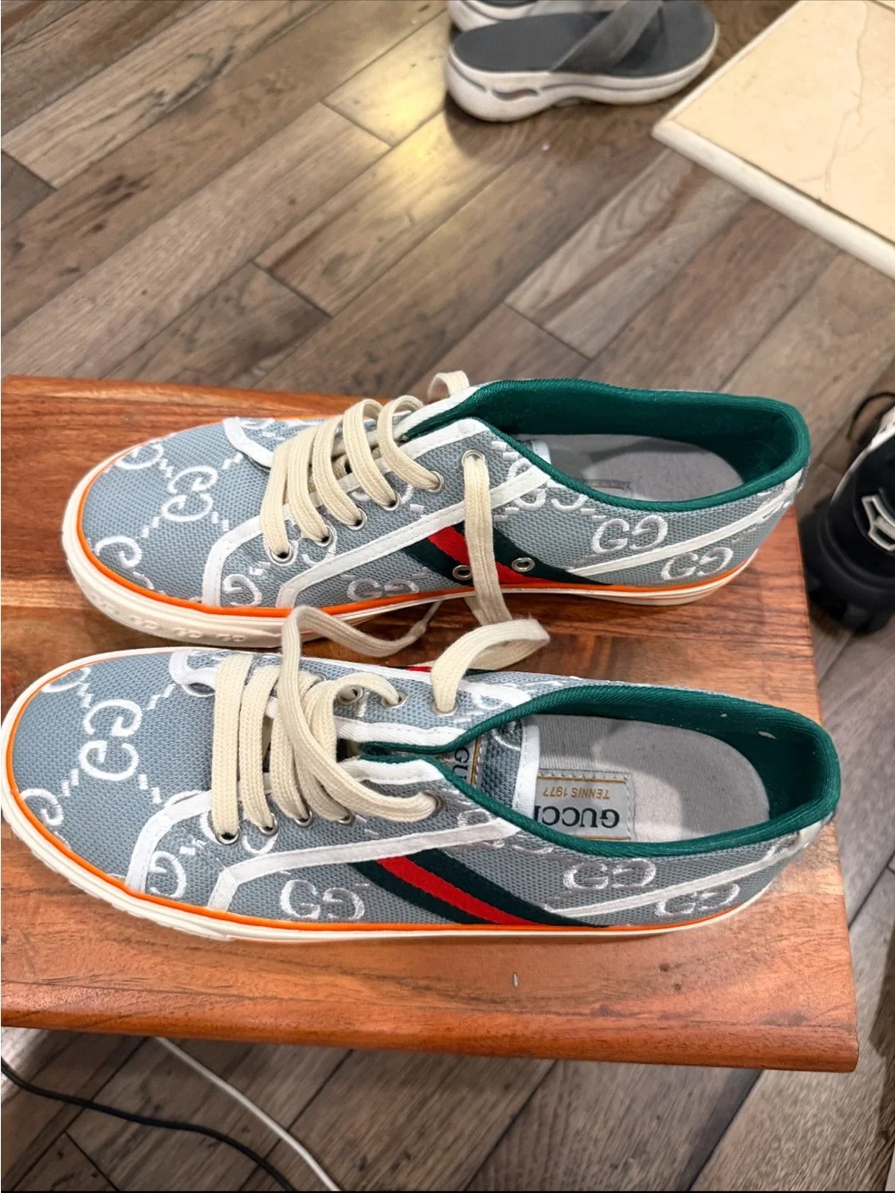 Gucci men’s size 9 Gray Canvas Sneakers with Green and Red Web and Orange Trim